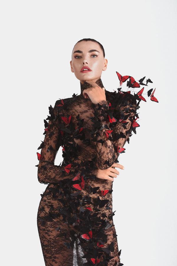 Structured slinky black Chantilly lace dress embellished with 3D laser-cut butterflies