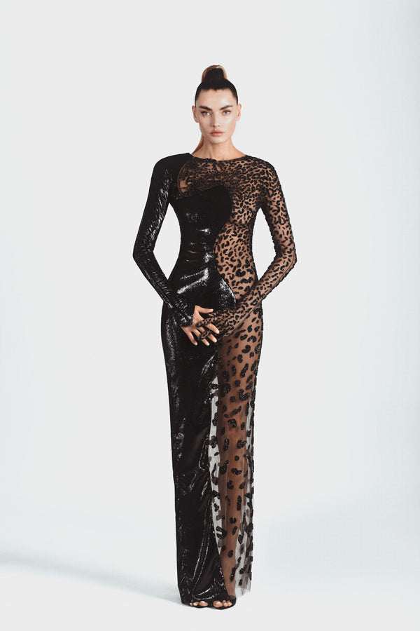 Slinky back shimmer lurex velvet gown lavishly illustrated with a black leopard in silk threadwork, crystals and macro sequins