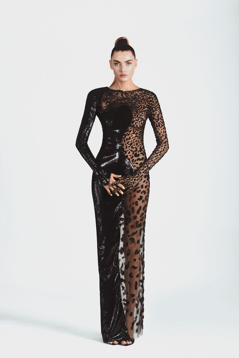Slinky back shimmer lurex velvet gown lavishly illustrated with a black leopard in silk threadwork, crystals and macro sequins