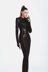 High-gloss black python dress with built-in two fingered gloves and finished with Swarovski crystal nails