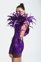Backless mini dress in silk organza, hand appliquéd with purple coq plumes