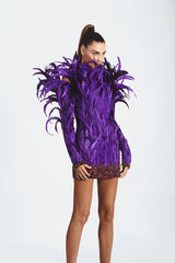 Mini dress in silk organza, hand appliquéd with purple coq plumes and embroidered with amethyst and ruby Swarovski crystals