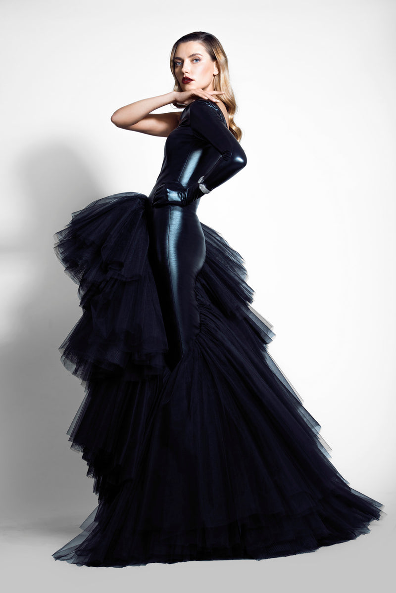 Sweetheart neckline slinky black latex gown with built-in glove, embroidered bustier, and a breakout skirt in layered tulle and structured netting
