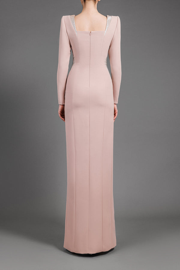 Pink nude dress with silver optical illusion detailing on structured shoulders