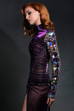 Metallic violet lamé gown embellished