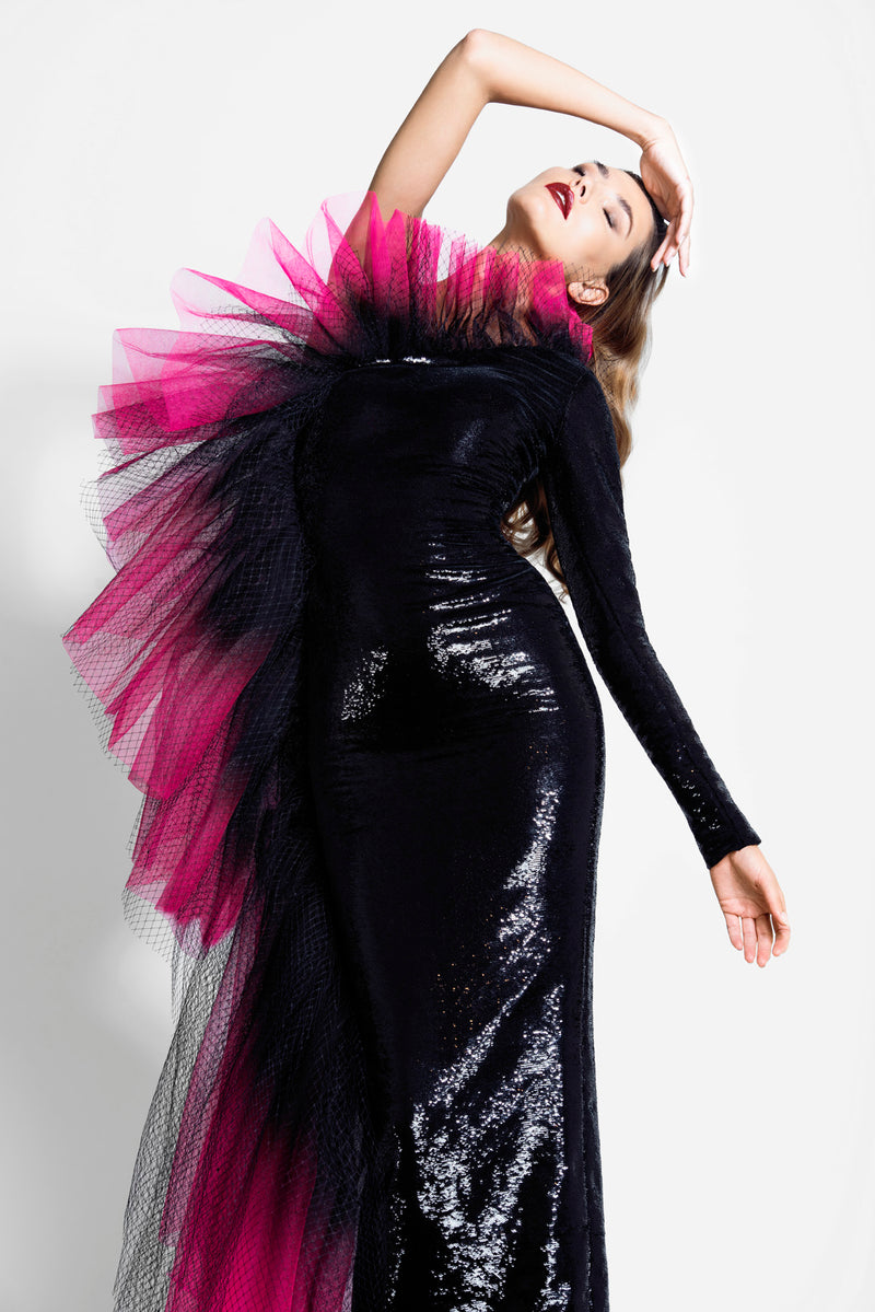 Jet black sequin fitted dress with exploding ruffles in layered ombré tulle and structured netting
