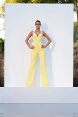 Yellow corseted jumpsuit with halter neck