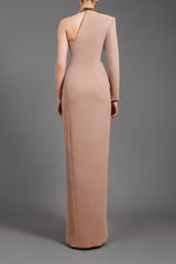 Asymmetrical fitted nude dress with gold metal detail on the collar
