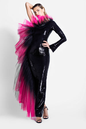 Asymmetrical jet black sequin fitted dress with exploding ruffles in layered ombré tulle and structured netting