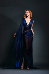 Asymmetrical metallic blue lamé sheer dress