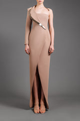 Asymmetrical nude dress with gold metal detail on the collar