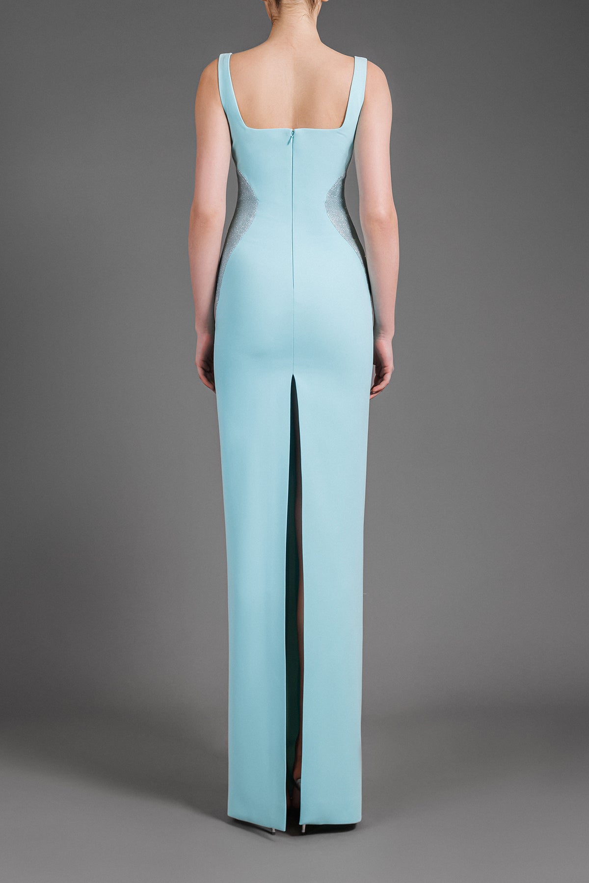 Shimmery optical illusion detailing on aqua green crêpe dress
