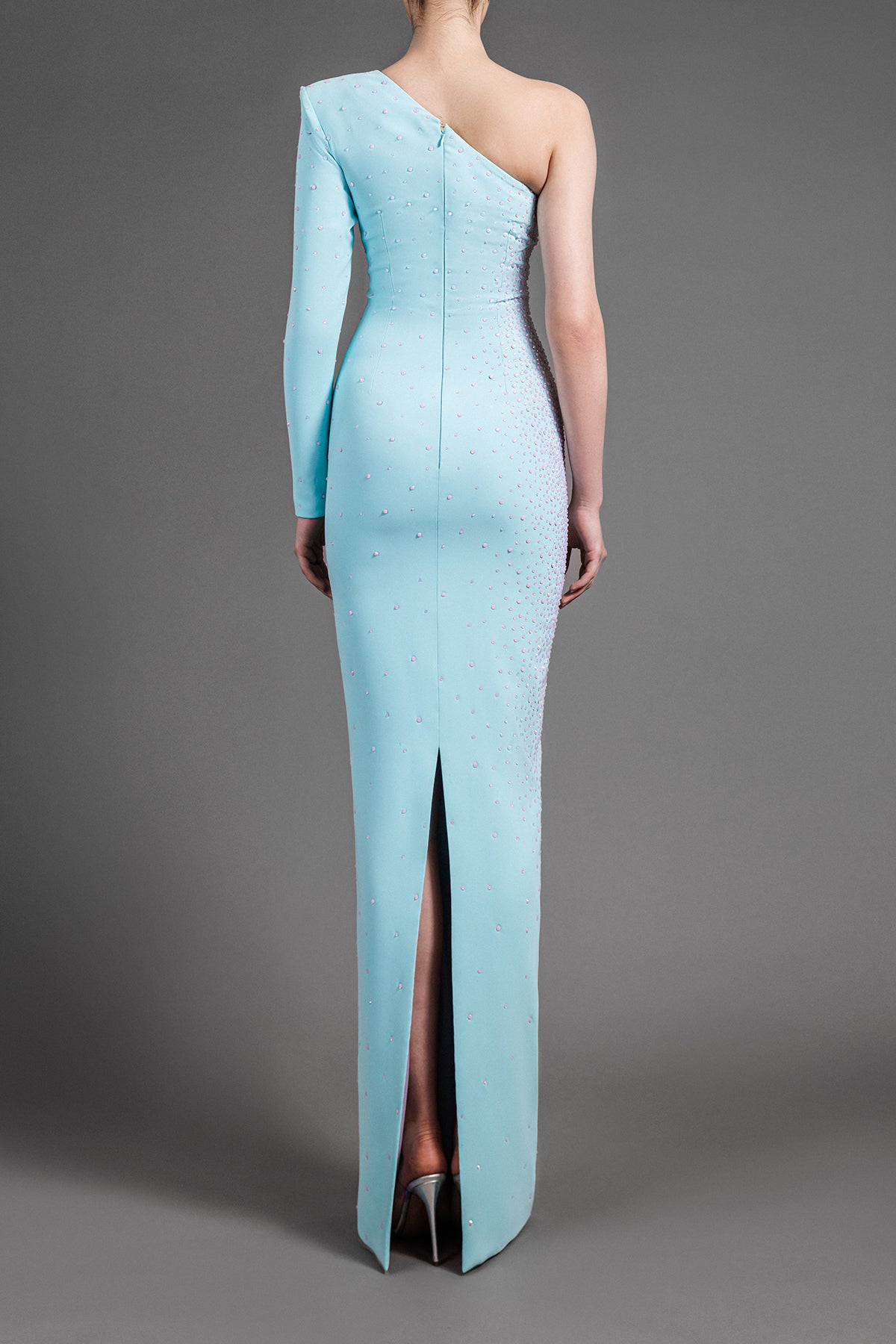Purple crystal embroidery on one-shoulder aqua green crêpe dress  