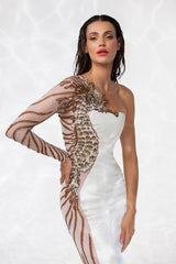 One sleeve white silk crêpe gown, lavishly illustrated with a seahorse embroidered in crystals, glass beads, macro sequins, and metallic thread-work