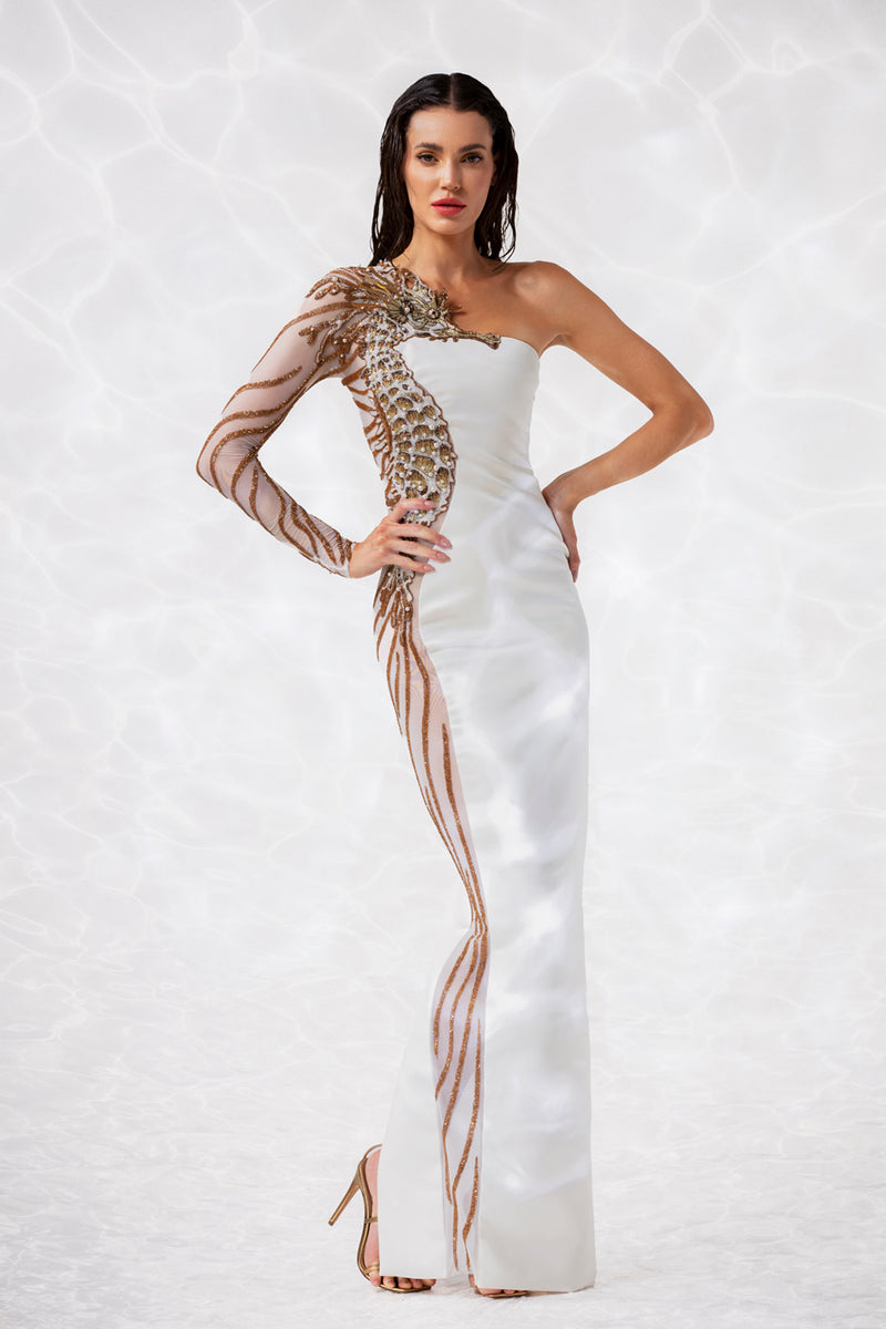 Crystals, glass beads, macro sequins, and metallic thread-work embroidered white silk crêpe gown, lavishly illustrated with a seahorse 