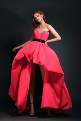 Neon pink puffball gown with black belt