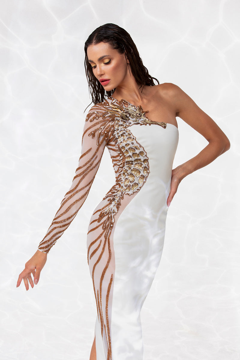 White silk crêpe gown, lavishly illustrated with a seahorse embroidered in crystals, glass beads, macro sequins, and metallic thread-work