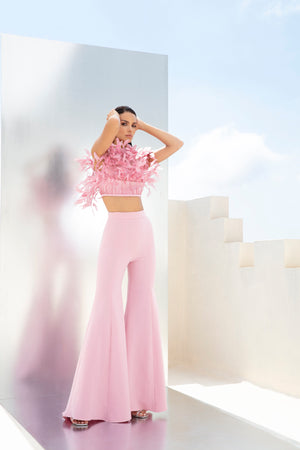 Cotton candy pink feathered cropped top and trousers