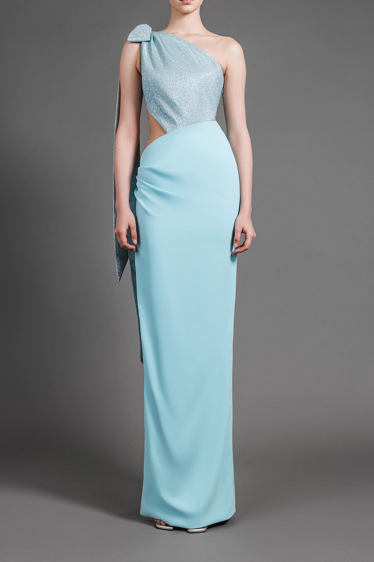 One-shoulder aqua green dress in lurex and crêpe with bow detail