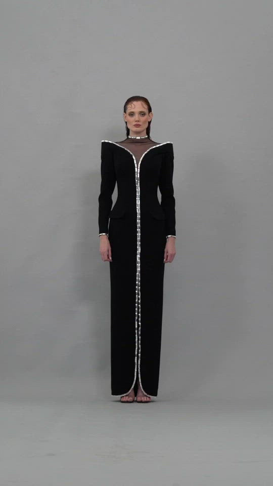 Long sleeved black crêpe coat dress with crystal baguettes outline