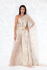 Exquisitely draped asymmetric gown in gold foiled silk tulle, worn with a gold-plated corset handcrafted from solid brass