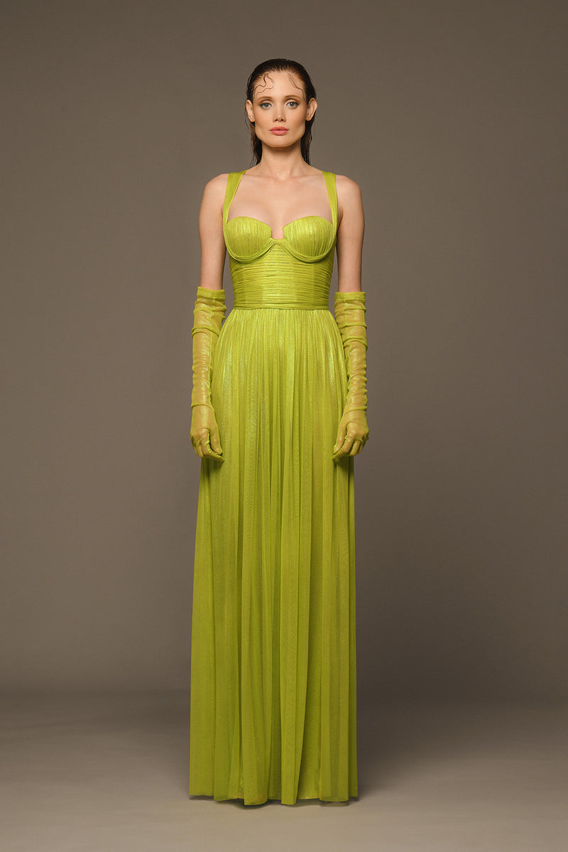 Lime green draped dress in silk foiled tulle and gloves