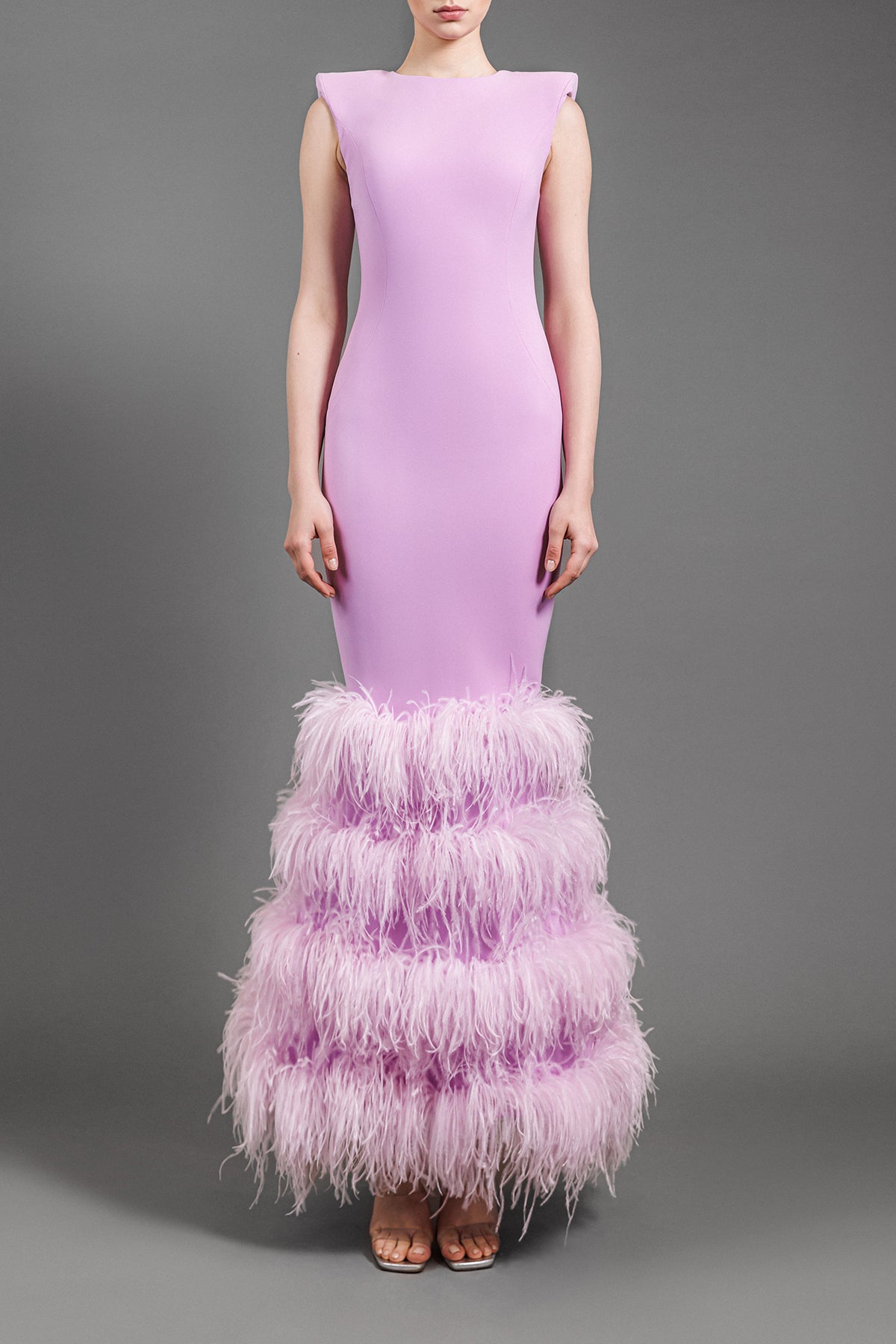 Light purple crêpe dress with layered feathers on hem