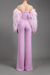 Light purple crêpe jumpsuit with feathered long sleeves
