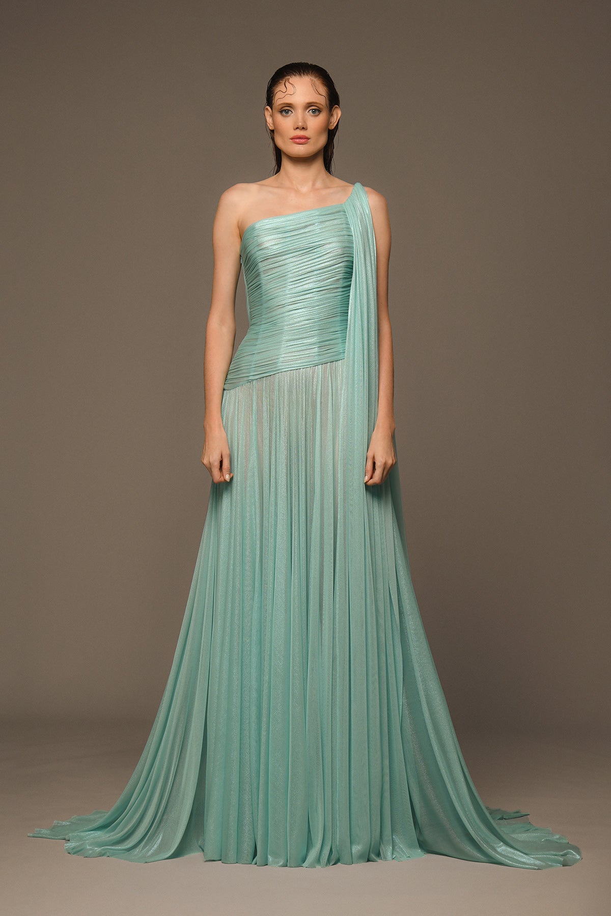 Asymmetrical aqua blue dress in silk foiled tulle
