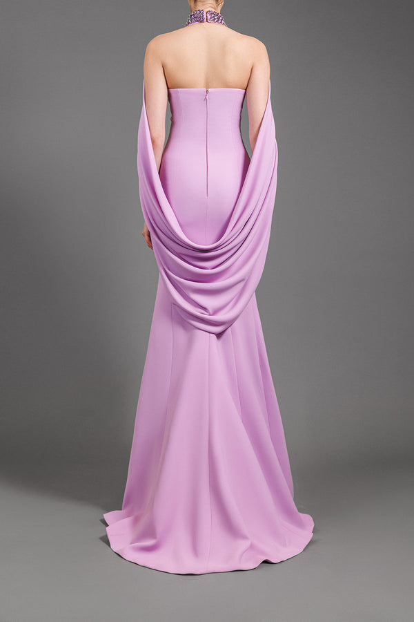 Embroidered neckline and draped detail on light purple crêpe dress 