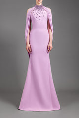 Purple crêpe dress with embroidered neckline and draped detail