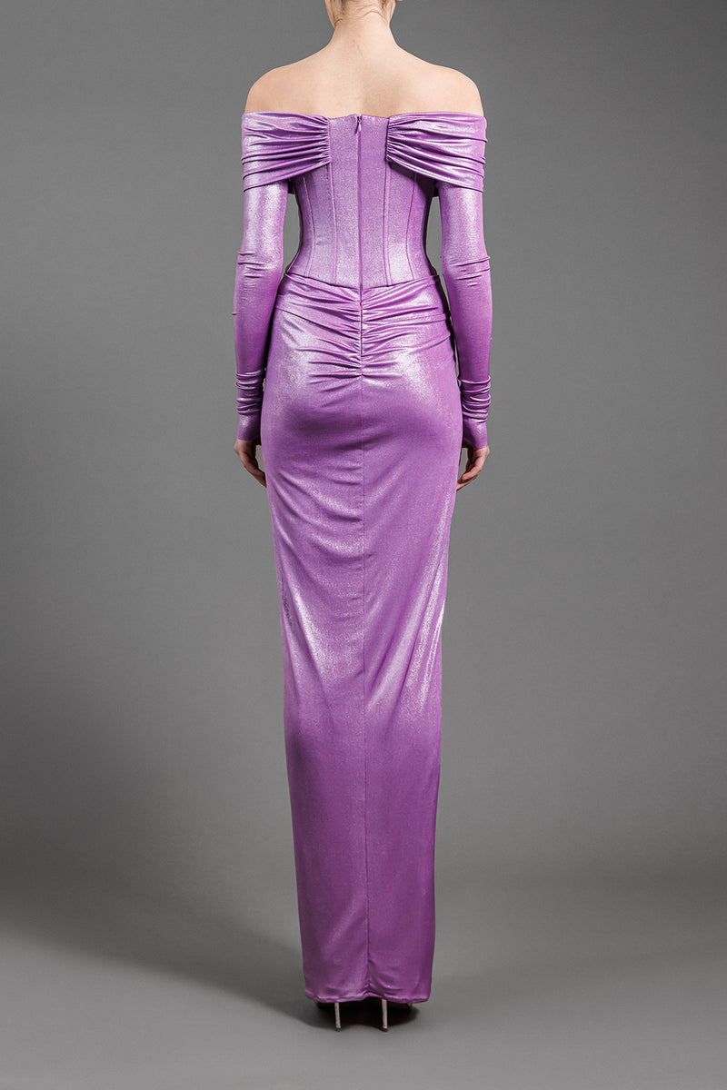 Off the shoulders corseted draped dress in shimmery purple jersey fabric