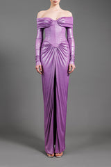 Off the shoulders purple corseted draped dress in shimmery jersey fabric