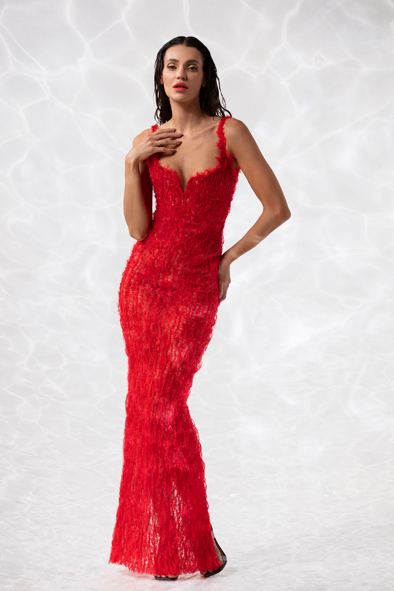 Sleeveless column dress in hand ripped silk organza and embroidered with red crystals