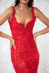 Hand ripped silk organza column dress embroidered with red crystals