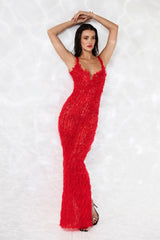 Sleeveless hand ripped silk organza column dress embroidered with red crystals