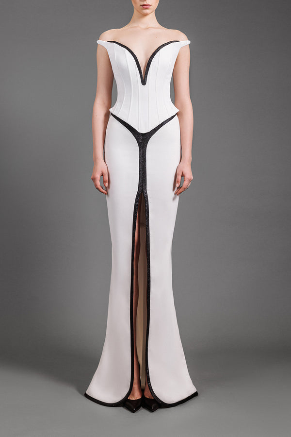 White crêpe structured corset with a mermaid skirt and black shimmery detailing