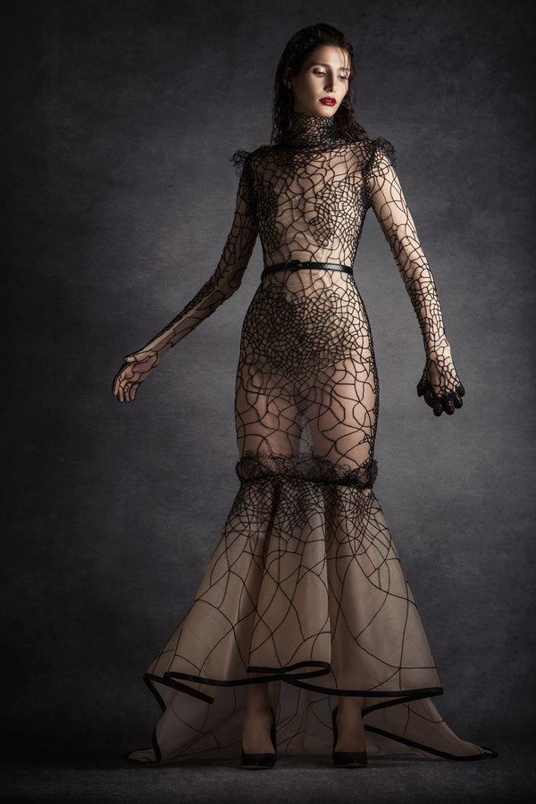 Nude silk sheer mermaid dress, embellished with handwoven wire mesh and beads