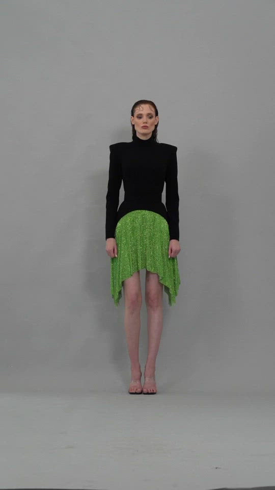 Black crêpe mini dress with green chainmail