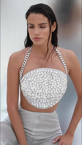 Crystal embroidered backless cropped top with silver mesh trousers