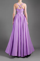 Light purple taffeta ball gown with a V cut-out above waistline