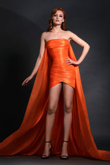 Fiery orange impermeable chiffon draped mini-dress with black velvet detailing