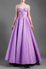 Purple taffeta ball gown with a V cut-out above waistline