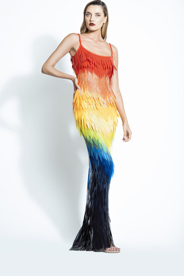 Graphic dress fully embroidered with rainbow dégradé 3D laser-cut plumes