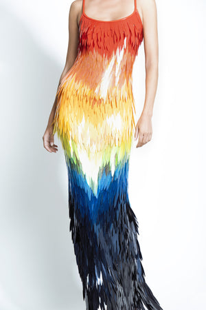 Mermaid cut graphic dress fully embroidered with rainbow dégradé 3D laser-cut plumes