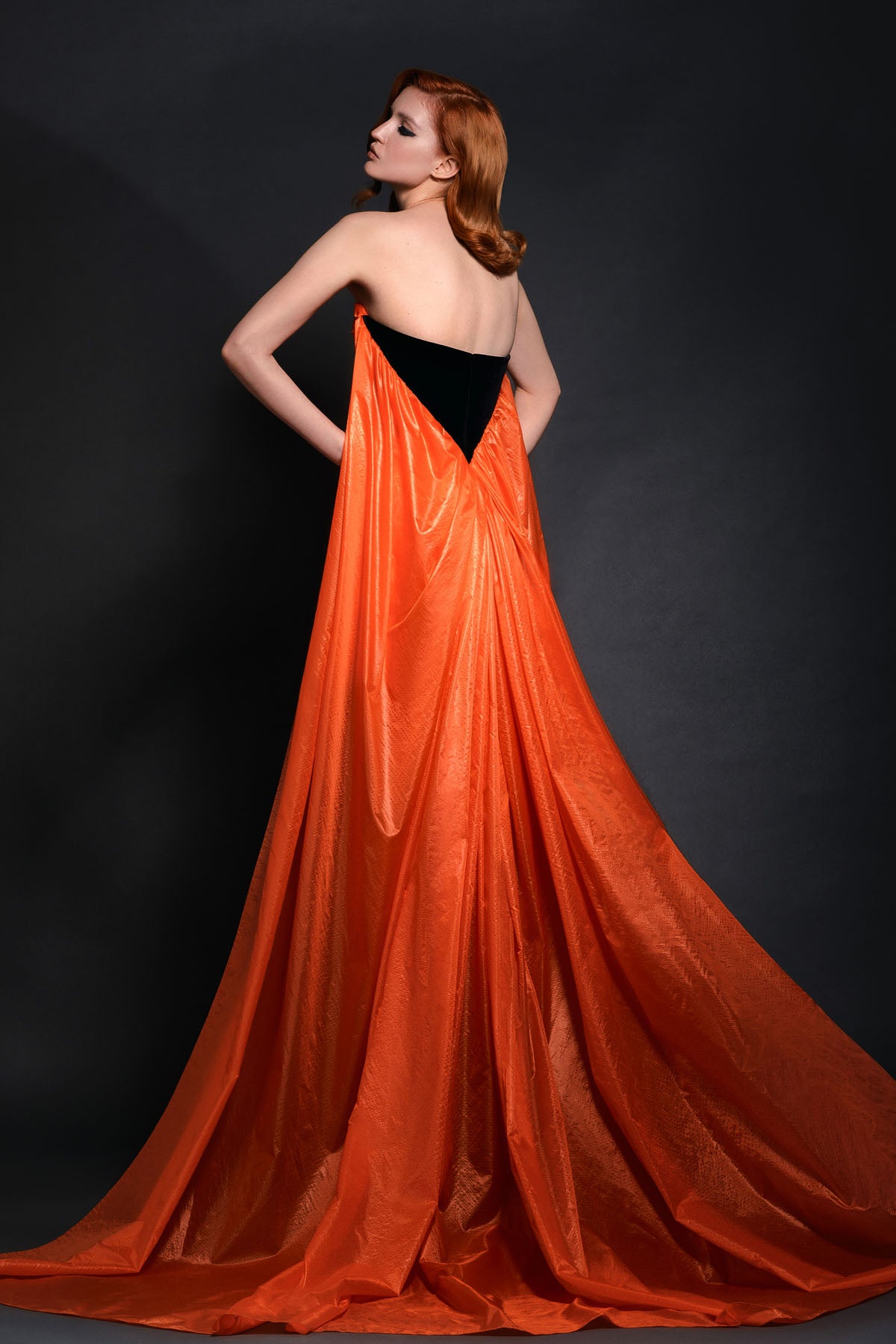 Fiery orange impermeable chiffon draped mini dress with black velvet d Fiery orange impermeable chiffon draped mini dress with black velvet d