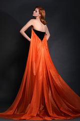 Sleeveless fiery orange impermeable chiffon draped mini-dress with black velvet detailing
