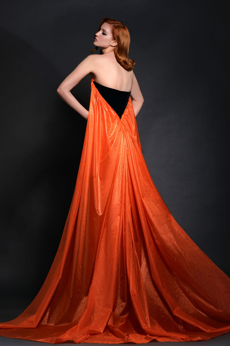 Sleeveless fiery orange impermeable chiffon draped mini-dress with black velvet detailing