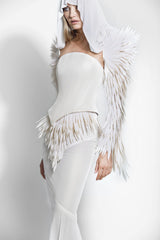 Ivory corseted bustier accompanied with a hooded bolero jacket embellished with 3D laser-cut plumes and a skirt in silk jersey