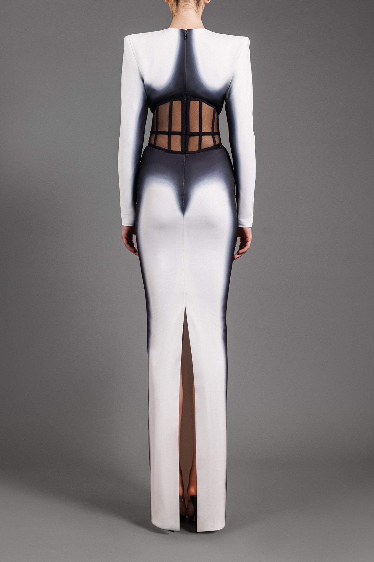 Printed ombré white jersey dress with a sheer tulle corset